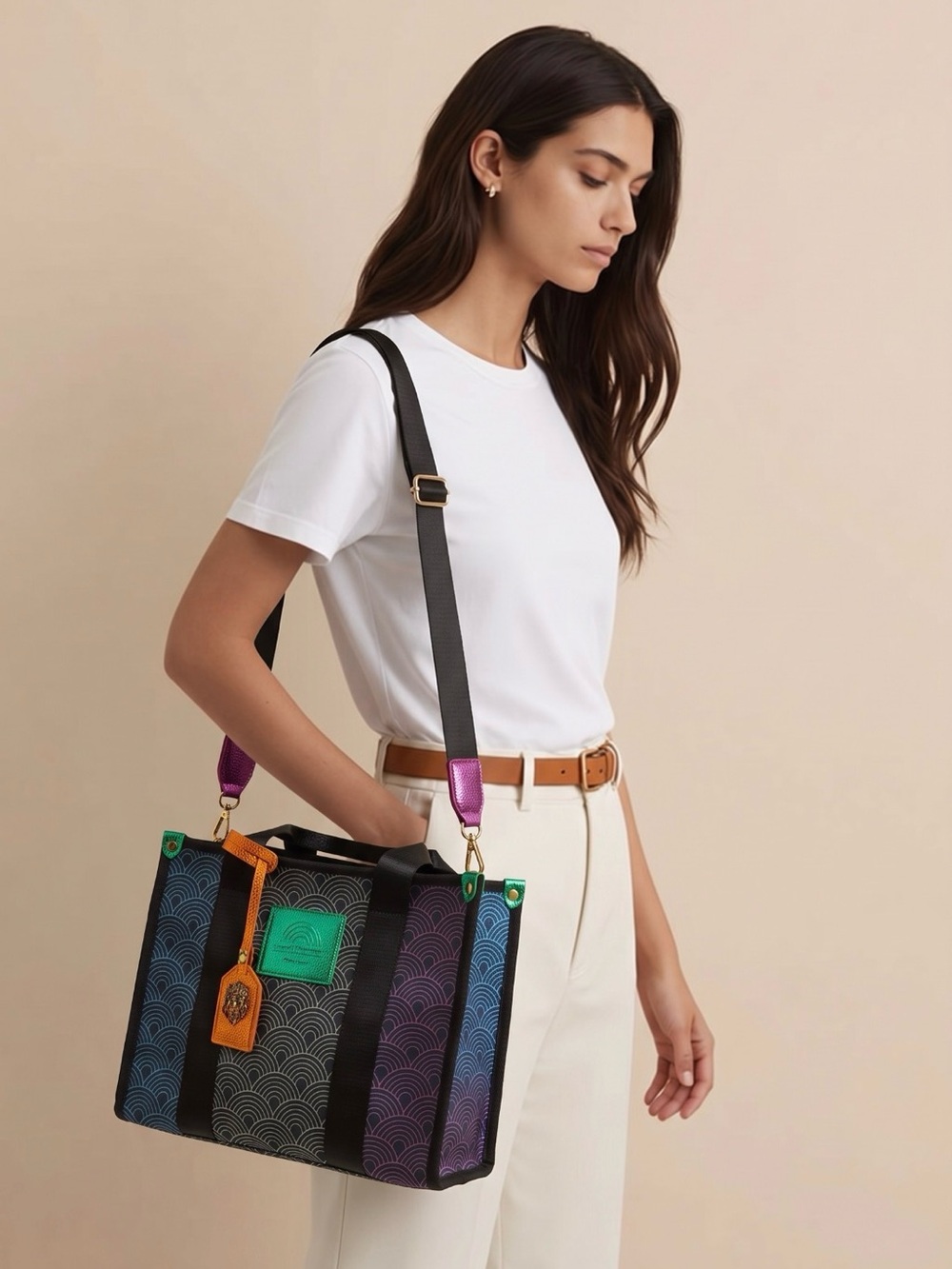 Multicolor Wave-Print Shoulder Tote with Black Straps